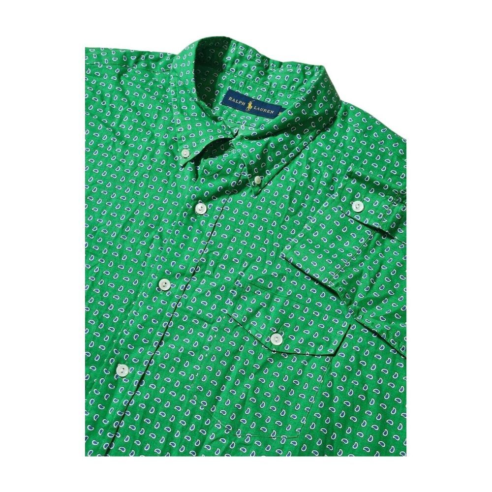 Ralph Lauren Long Sleeve Button Down Green Paisley Shirt Cotton Men's XXL